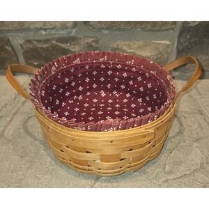 10" Longaberger Round Woven Berry Basket Vintage 2000 Fabric Burgandy Liner